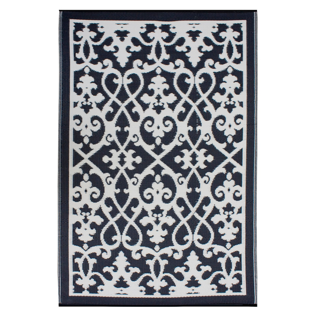 Venice Black and Cream Traditional Recycled Plastic Large Rug - Recycled Plastic Rugs & Mats Fab Habitat