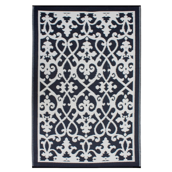 Venice Black and Cream Traditional Recycled Plastic Large Rug - Recycled Plastic Rugs & Mats Fab Habitat