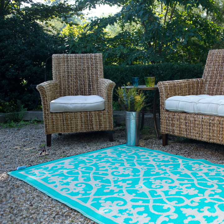 Venice Turquoise and Cream Traditional Recycled Plastic Large Rug - Recycled Plastic Rugs & Mats Fab Habitat