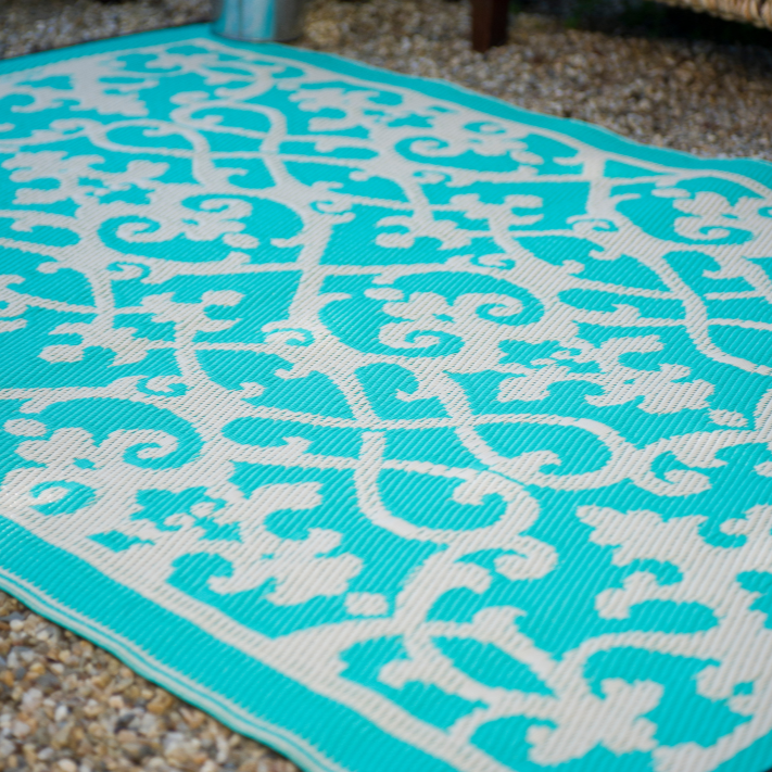 Venice Turquoise and Cream Traditional Recycled Plastic Large Rug - Recycled Plastic Rugs & Mats Fab Habitat